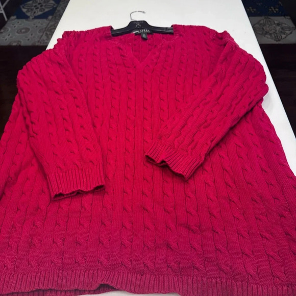 Lauren Ralph Lauren women’s Red Cable Knit Pullover cotton Sweater V Neck Sz 2X - Picture 7 of 8